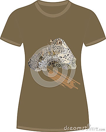 Leopardess and Cub.Tee-shirt. Khaki color background. Vector Illustration